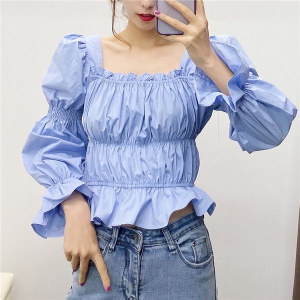 2020 autumn women sweet solid ruffled pleated blouses women square collar flare sleeve female shirts blusas mujer chic, White
